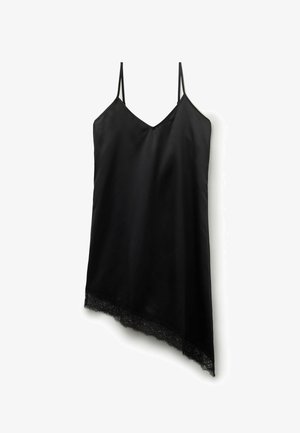 Camiseta de satén negra con tirantes ajustables, con escote en v y delicado bordado de encaje en el dobladillo asimétrico.