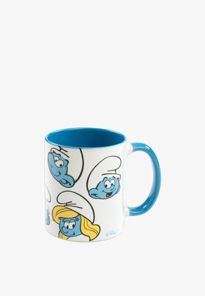 Tazza in ceramica con esterno bianco caratterizzato da personaggi Smurf blu e un interno blu. Forma arrotondata con un manico blu.