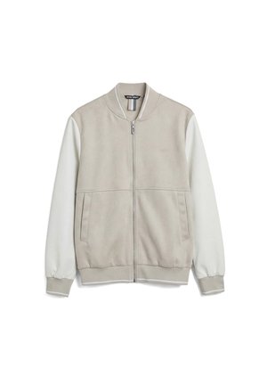 Beige and white zip-up bomber jacket with ribbed cuffs, side pockets, and subtle embossed logo on the left chest.