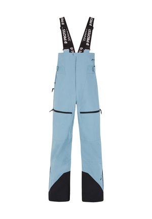 Pantalones de esquí azul claro con tirantes negros ajustables, dos bolsillos frontales y acentos inferiores negros para mayor durabilidad y estilo.