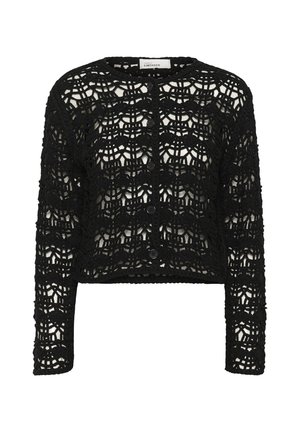 Musthave mustakorraga kootud kardigan, millel on lühike disain, pikad varrukad ja nööpidega esitamine. Omab keerukat pitsilaadset mustrit ja tekstuurset kangast.