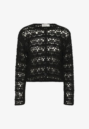 Cardigan in crochet nero con design cropped, maniche lunghe e chiusura con bottoni. Presenta un intricato motivo simile pizzo e un tessuto testurizzato.