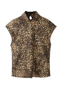 Top cu imprimeu de leopard, guler înalt, mâneci scurte tip capă și detaliu tip keyhole la decolteu. Materialul are o textură netedă, ușor lucioasă.