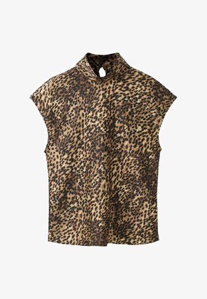 Top i leopardmønster med høj hals, korte ærmer og en nøglehuldetalje ved halsen. Stoffet har en glat, let blank tekstur.