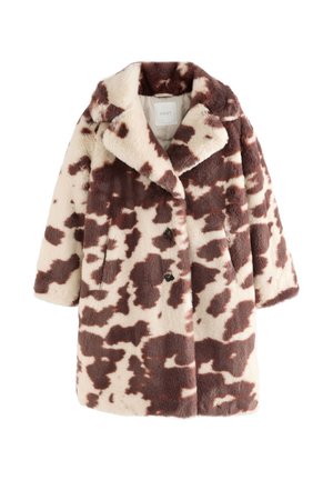 Haină de blană sintetică cu un model de vacă în crem și maro. Prezintă un guler cu tăietură în V, două nasturi și buzunare laterale.