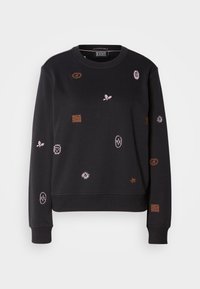 Felpa nera con maniche lunghe, caratterizzata da motivi ricamati colorati, tra cui foglie e forme geometriche, con polsini e orlo a costine.
