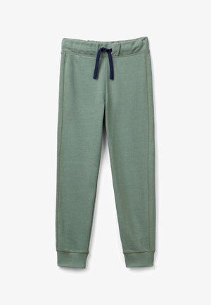 Helle grüne Jogginghose mit einem Kordelzugbund, gerippten Bündchen und kontrastierendem marineblauen Kordelzug. Hergestellt aus weich texturiertem Stoff mit Seitennähten.