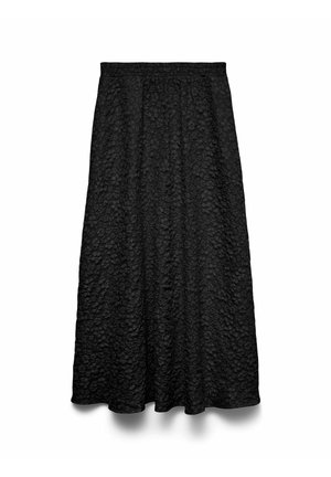 Jupe midi noire de coupe évasée en A avec taille élastique et motif floral texturé, présentée sur fond blanc.