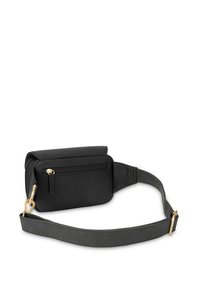 Czarna torebka crossbody o eleganckim designie, z główną komorą, kieszenią na zamek, złotymi elementami i regulowanym paskiem.