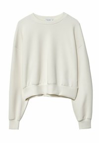 Geknipt, lichtcrème sweatshirt met een ronde hals, verlaagde schouders en ribgebreide zoom en boorden. Soepele stof met een subtiele glans.