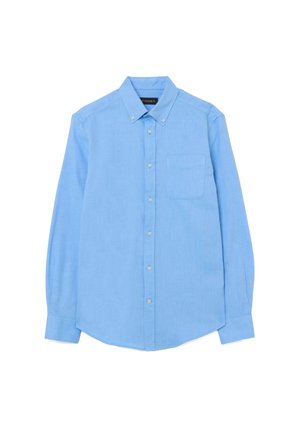 Camicia azzurro chiaro in cotone con una tasca sul petto, colletto a punta, maniche lunghe e orlo curvo.