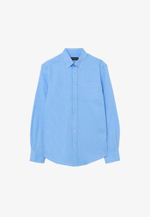 Hellblaues Hemd aus Baumwolle mit Knöpfen, einer einzelnen Brusttasche, spitzem Kragen, langen Ärmeln und abgerundetem Saum.