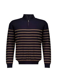Pull marine avec un col haut et une fermeture éclair quart, présentant des rayures horizontales couleur beige sur la poitrine et les bras. Texture lisse et tricotée.