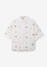 White short-sleeve shirt with a button front, featuring colorful shell and dot patterns, made from textured fabric.
