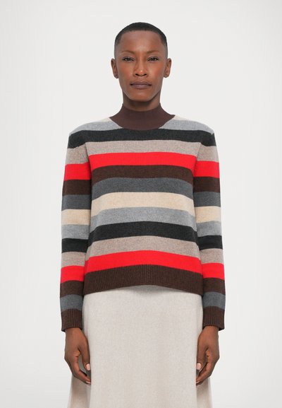 Striped knit sweater featuring horizontal lines in shades of red, gray, beige, and brown, with a ribbed brown neckline and cuffs.
