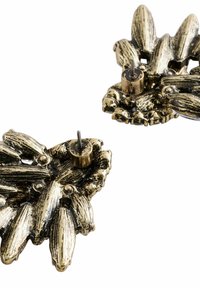 Gold-tone earrings shaped like leaves, featuring textured detailing, circular posts for fastening, and small decorative beads.