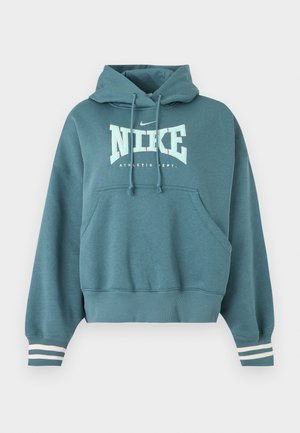 Κουκούλα Nike σε τιρκουάζ με μπροστινή τσέπη, κουκούλα με κορδόνι, λευκό λογότυπο "NIKE ATHLETIC DEPT." και λευκές ρίγες στις μανσέτες των μανικιών.