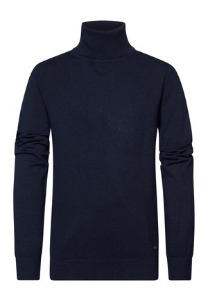 Marineblauer Langarm-Pullover mit Rollkragen und gerippten Bündchen sowie Saum, flach liegend dargestellt, ohne Muster oder Logos.