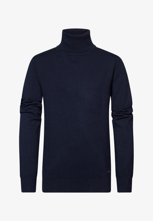 Pull à col roulé manches longues bleu marine avec poignets et ourlet côtelés, présenté à plat sans motifs ni logos.