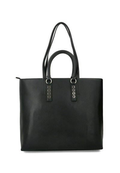 Borsa tote in pelle nera con due lunghe maniglie, dettagli in metallo argentato, forma rettangolare e superficie liscia. Dettagli con fori circolari.