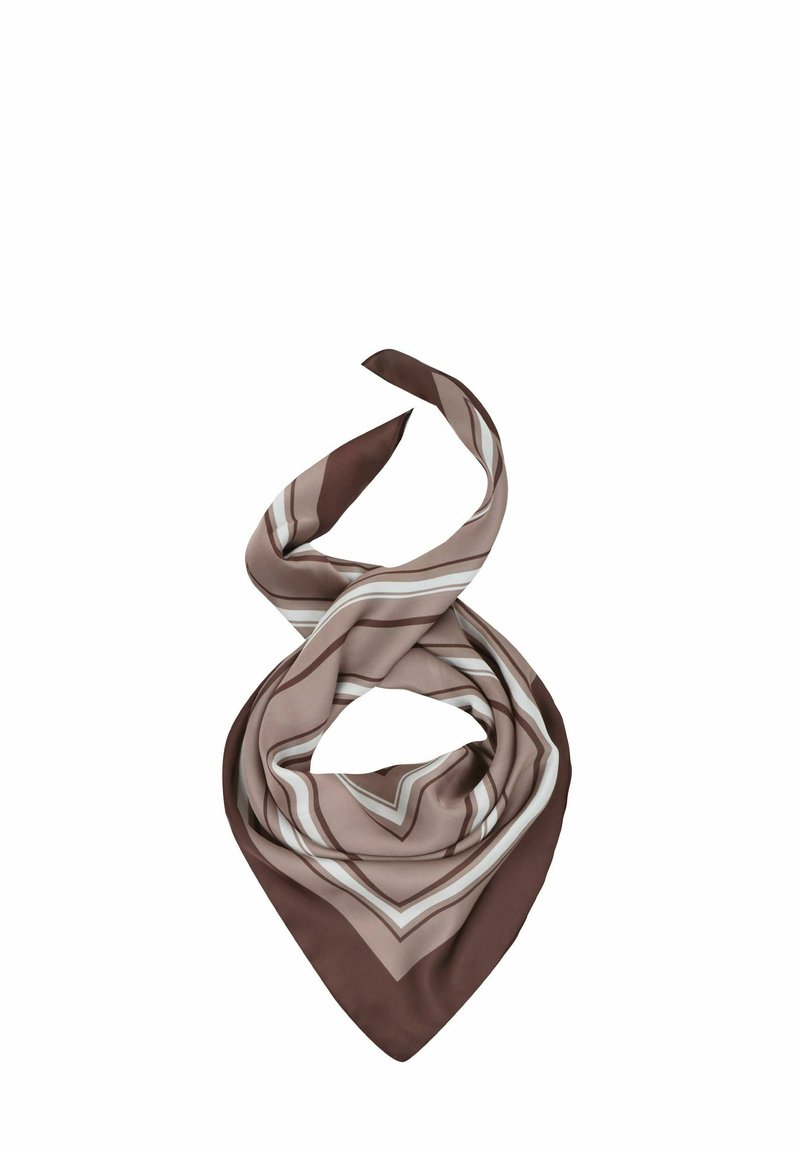 Seidenschal mit einem geometrischen Muster aus braunen, beigen und weißen Streifen, in dreieckiger Form mit glatter Textur.