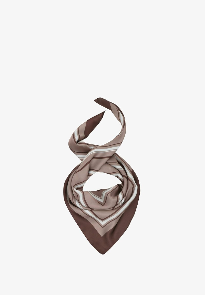 Seidenschal mit einem geometrischen Muster aus braunen, beigen und weißen Streifen, in dreieckiger Form mit glatter Textur.