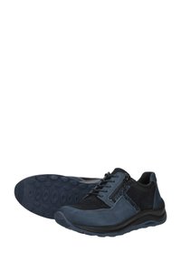 Blaue Leder- und Wildlederschuhe mit runder Zehenform, strukturierten Akzenten und Schnürdesign. Verfügt über eine Gummisohle mit kreisförmigen Mustern.