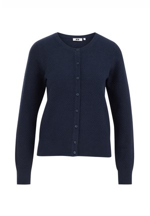 Marineblauer Strickcardigan mit strukturierter Oberfläche, langen Ärmeln, rundem Ausschnitt und Knopfleiste vorne.