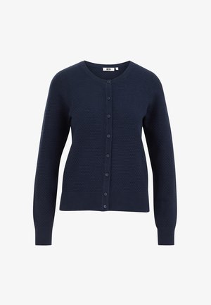 Cardigan tricotat texturat, bleumarin, cu mâneci lungi, decolteu rotund și închidere frontală cu nasturi.