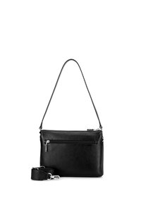 Borsa nera in pelle con una forma rettangolare elegante, chiusura a cerniera superiore e tracolla regolabile. Dotata di una tasca frontale con cerniera.