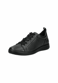 Zapatilla negra hecha de cuero texturizado. Presenta una puntera redondeada, cordones negros y una suela de goma de bajo perfil con una pequeña lengüeta en el talón.