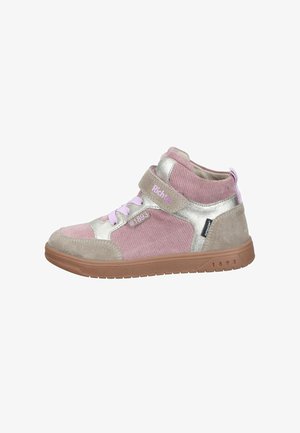 High-top shoes with a pink corduroy upper, silver leather accents, and a velcro strap. Tan rubber sole with textured grip.