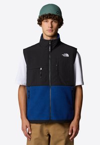 Czarny i niebieski polarowy kamizelka z wysokim kołnierzem, dwoma kieszeniami na zamek z przodu oraz logo The North Face na klatce piersiowej. Model nosi zieloną czapkę.