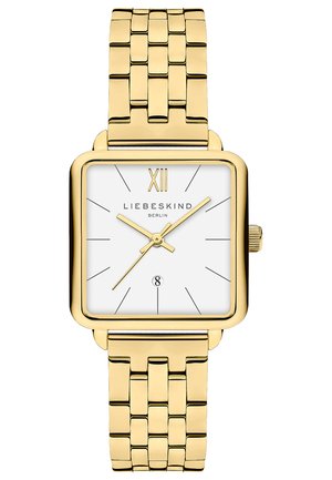 Montre carrée en or avec un cadran blanc, des index en or et des aiguilles. Comprend un bracelet en métal tress�é doré et un affichage de la date à 6 heures.