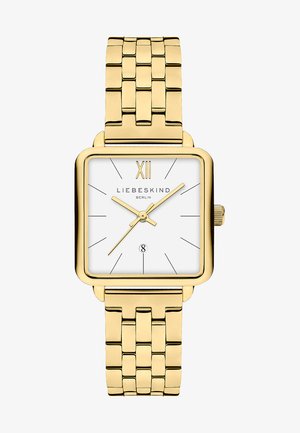 Quadratische goldene Uhr mit einem weißen Zifferblatt, goldenen Stundenmarkierungen und Zeigern. Verfügt über ein geflochtenes goldfarbenes Metallarmband und eine Datumsanzeige auf 6 Uhr.