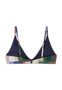 Trojuholníkový bikiny top s kombináciou námorníckej modrej, zelenej a pestrých geometrických vzorov, s nastaviteľnými ramienkami a textúrovaným povrchom.