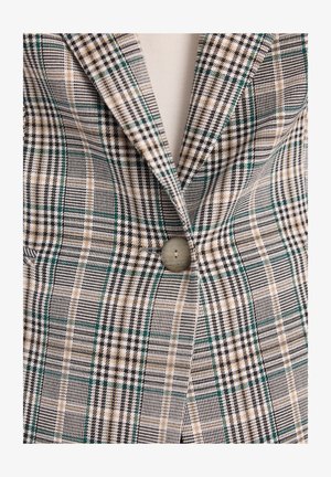 Marynarka w kratę z mieszanką zielonych, czarnych i beżowych wzorów. Zauważalne okrągłe zapięcie na guzik oraz gładki, teksturowany materiał.