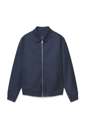 Veste homme bleu marine avec fermeture éclair intégrale à l'avant, col, deux poches latérales et manches longues.