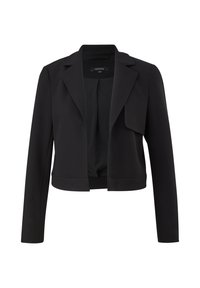 Zwarte cropped blazer met een geknipte kraag, open voorkant en lange mouwen. Gemaakt van een gestructureerde stof, voorzien van een gladde binnenvoering.