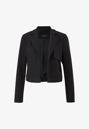 Blazer noir court avec un col cranté, une devant ouvert et des manches longues. Fabriqué en tissu texturé, il possède une doublure intérieure lisse.
