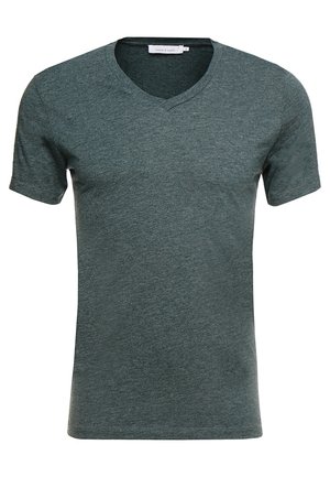 T-shirt gris anthracite chiné à manches courtes avec col en V et étiquette en tissu au niveau du col, présenté sur un fond blanc uni.