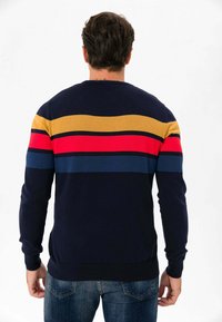 Pull marine avec des rayures horizontales jaunes, rouges et bleues. Poignets et ourlet côtelés. Coupe décontractée, tissu tricoté de poids moyen.