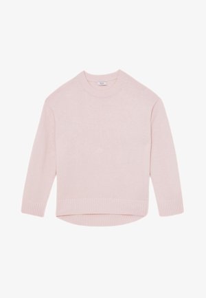 Hellrosa langärmeliger Pullover mit Rundhalsausschnitt, gerippten Bündchen und Saum, hinten etwas länger, flach auf weißem Hintergrund liegend.
