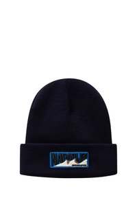 Navy knitted beanie with a folded cuff. Features a rectangular patch with the "NAPAPIJRI" logo and mountain design in contrasting colors.