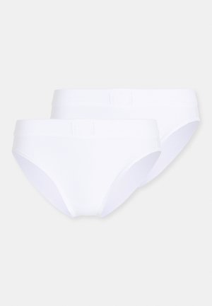 White cotton briefs, two-pack, featuring a soft elastic waistband and smooth texture. Minimalist design without patterns or embellishments.
