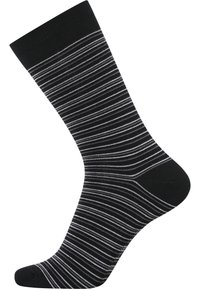 Sort og grå stribet sok med ribbet kant, medium tykkelse og glat tekstur; har tynde, jævnt fordelte vandrette striber.