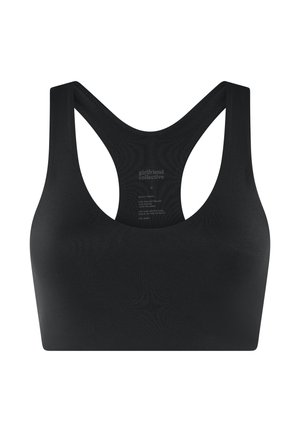 Fekete racerback sportmelltartó széles pántokkal és varrás nélküli kialakítással, márkajelzéssel és mérettel a háton belül, középen.