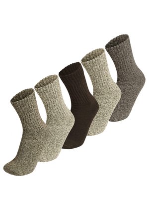 Fünf Paar Crew-Socken in verschiedenen Farben: hellgrau, dunkelgrau, braun und mit gemusterten Texturen. Rippbündchen und unterschiedliche Strickdesigns.