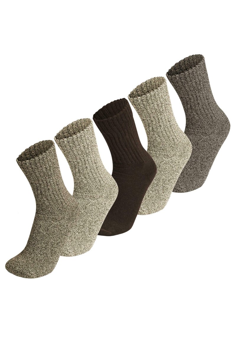 Fünf Paar Crew-Socken in verschiedenen Farben: hellgrau, dunkelgrau, braun und mit gemusterten Texturen. Rippbündchen und unterschiedliche Strickdesigns.