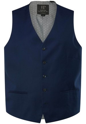 Marineblaue Weste mit V-Ausschnitt, sechs Knöpfen und zwei Seitentaschen. Gefüttert mit einem bedruckten grauen Stoff, der ein geometrisches Muster zeigt.